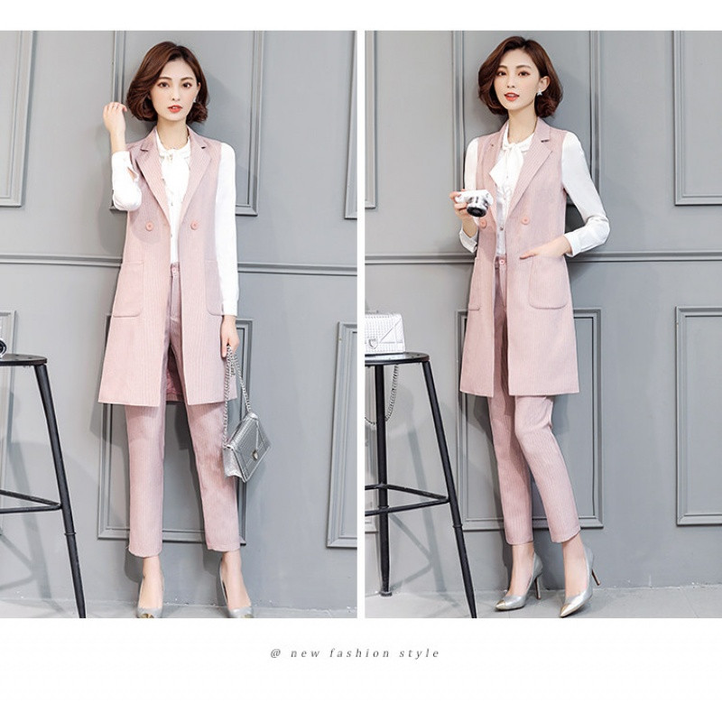秋季时尚套装女韩版2018时尚秋装新款女装时髦两件套职业装马甲潮_8 XL 粉白条配衬衫