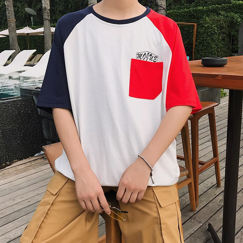 2018夏季新款拼色短袖T恤男士圆领宽松韩版五分半袖体恤薄款潮流 L 红色