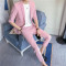 夏款新款英伦男装修身中袖西装九分裤套装青年修身纯色小西服套装_1_3 S 粉红色