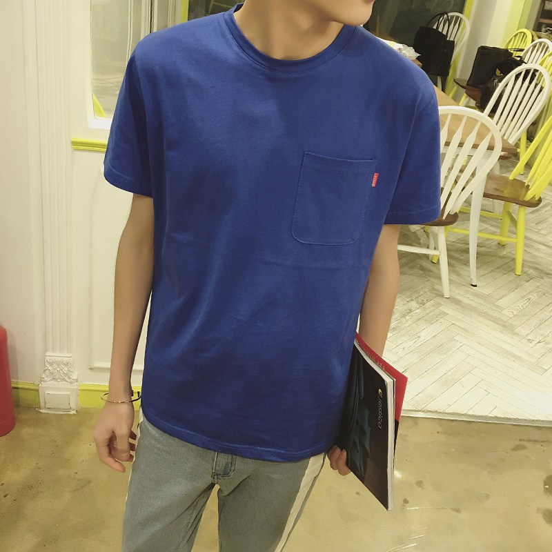 港风男装2018夏装口袋袖标港风纯色打底衫韩版男士短袖T恤男装_1 L 蓝色