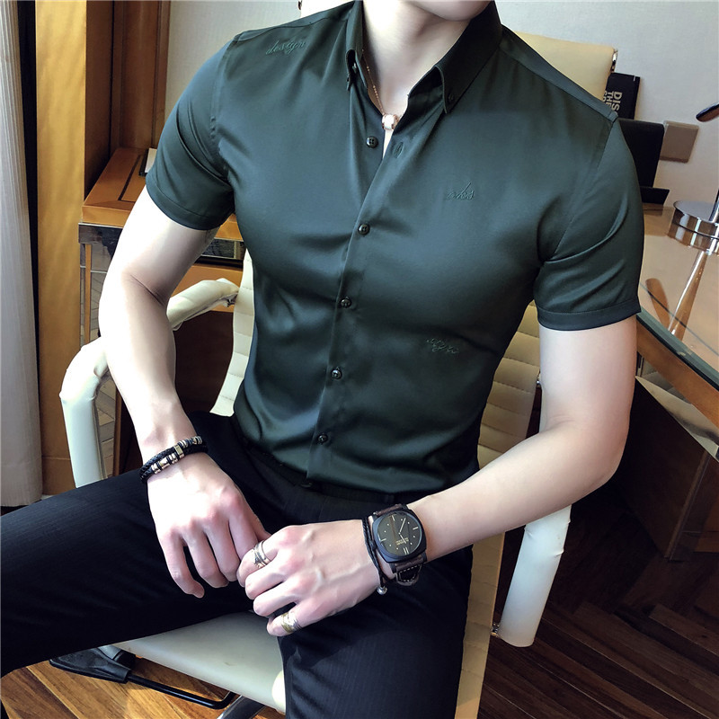 男士短袖衬衫韩版青年修身帅气百搭青年商务休闲青年衬衣半袖免烫_1_6 3XL 墨绿色