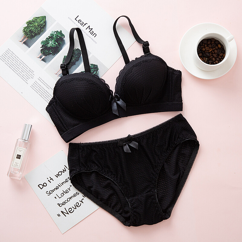 内衣女高中生大学生少女薄款拢小胸罩无钢圈育期文胸套装_5 32/40AB通杯【款】 黑色套装
