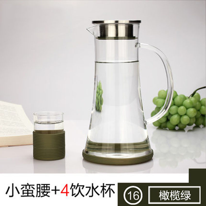 家用时尚大容量凉水壶玻璃耐高温冷水壶凉水杯子花茶壶果汁壶套装送女朋友七夕情人节礼物_5_1 橄榄绿小蛮腰+4小杯