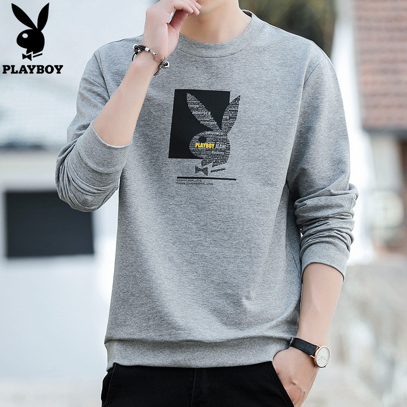 花花公子(PLAYBOY)新款圆领棉质长袖卫衣男青年潮牌黑色长袖T恤圆领男士秋装打底衫港风套头卫衣男 L/170 浅灰H303