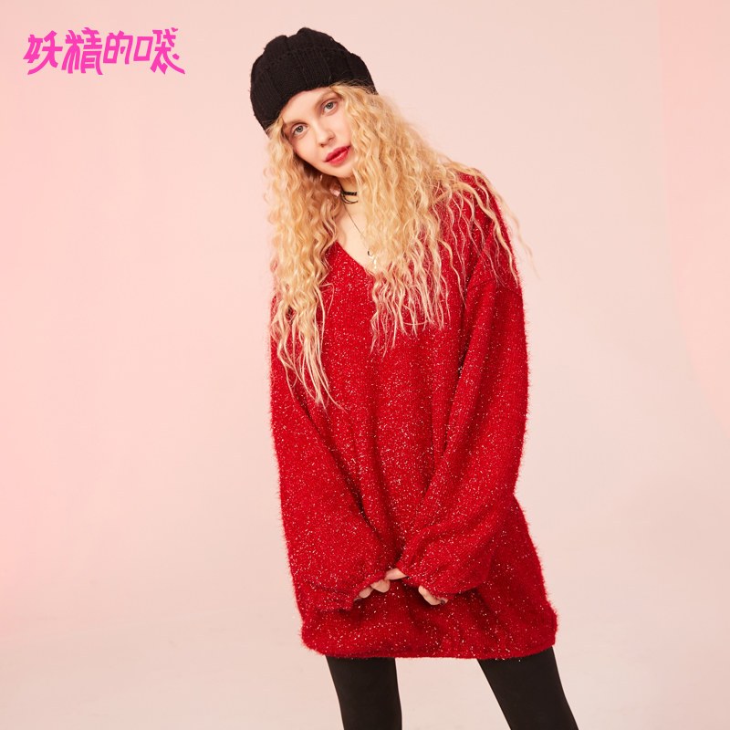 妖精的口袋Y针织衫女长袖秋短款上衣秋装2018新款V领套头毛衣女J_2 L 番茄红色