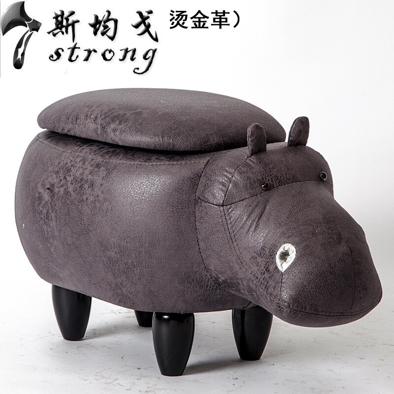 实木脚凳创意河马换鞋凳沙凳设计师家具储物矮凳试鞋凳收纳脚凳储物白河马烫金科技布_3 储物灰色河马烫金科技布