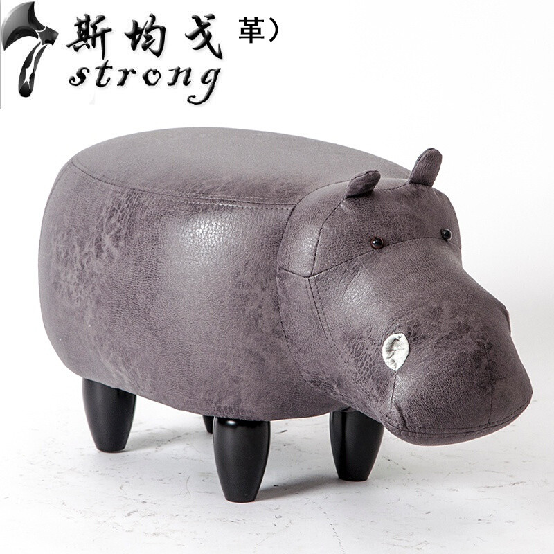 实木脚凳创意河马换鞋凳沙凳设计师家具储物矮凳试鞋凳收纳脚凳储物白河马烫金科技布_3 灰色河马烫金科技布