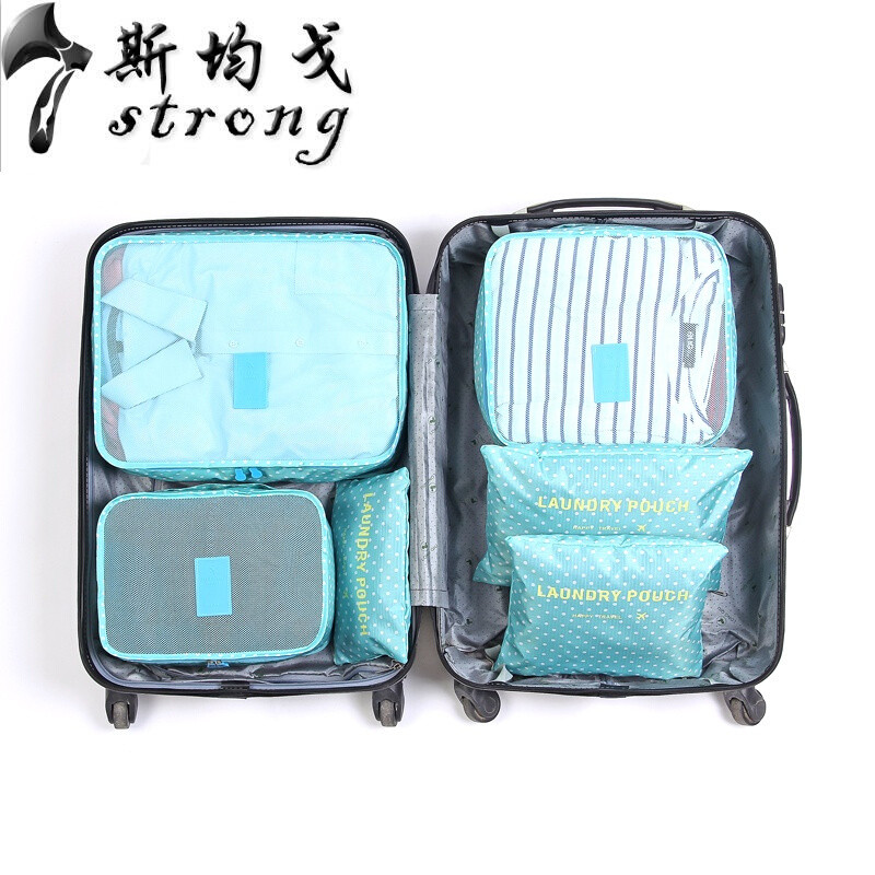 旅行收纳袋套装衣服衣物分装袋旅李箱内衣鞋子打包收纳整理包_21_9 绿色圆点（小版）