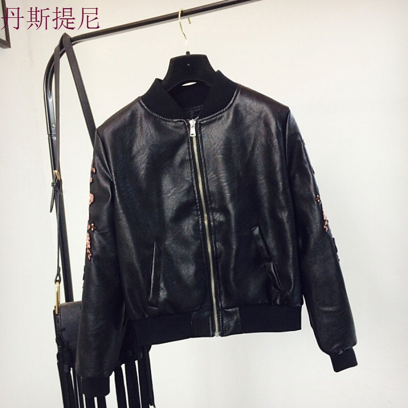 刺绣棒球服短外套女春秋装韩版百搭学生pu皮夹克机车皮衣黑色 L 默认颜色