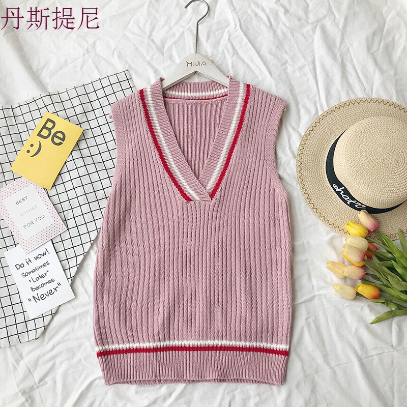 毛衣女chic大V领宽松套头针织衫无袖马甲短款百搭学院风坎肩背心浅咖色均码 默认尺寸 粉色