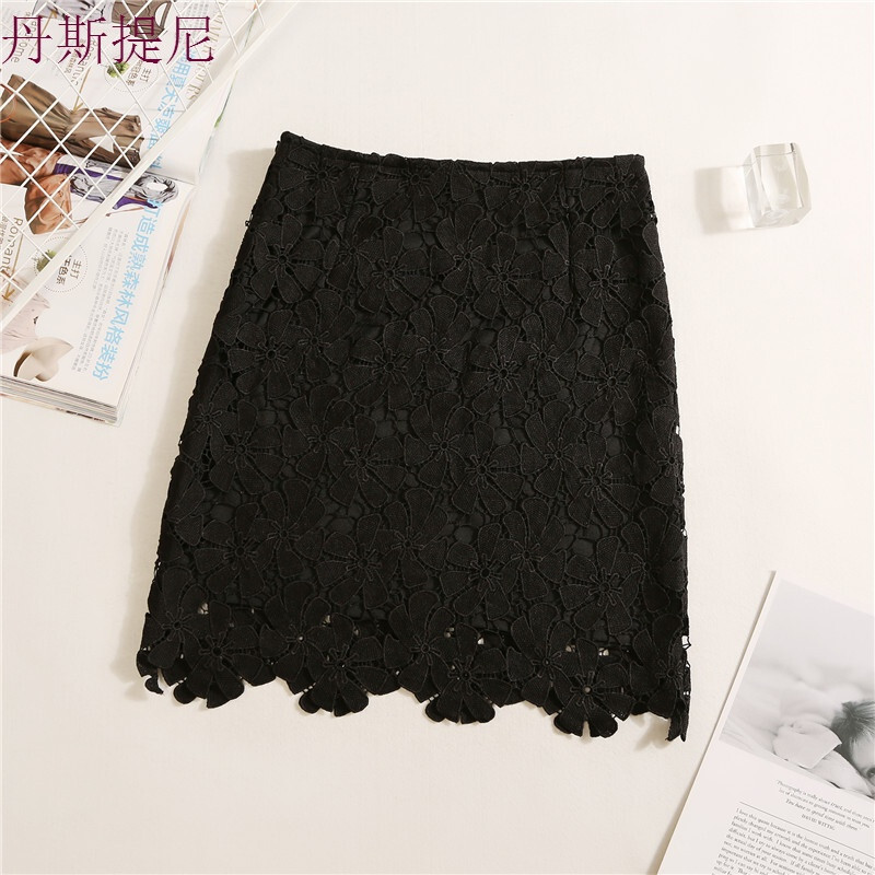 2018韩版修身包臀裙蕾丝半身裙女夏短裙高腰a字裙子_3 L 圆角花黑色