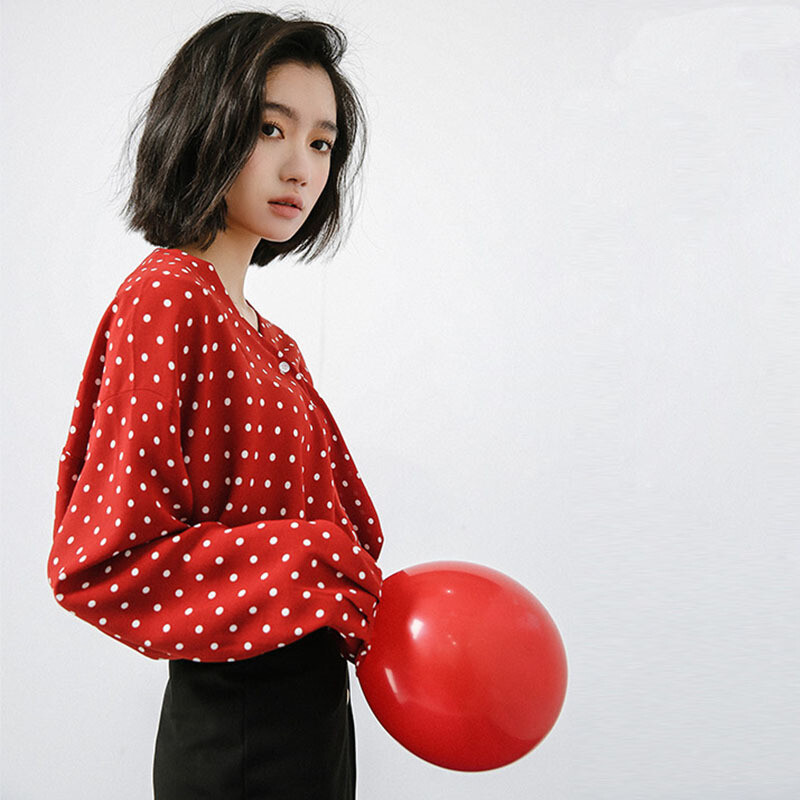 学院风波点雪纺衬衫女前后v领长袖上衣潮红色均码 默认尺寸 默认颜色