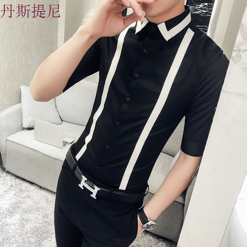 夏季男士印花短袖衬衫韩版修身七分袖衬衣型师男装青年潮流中袖白色C284白色_6_5 2XL C335黑色