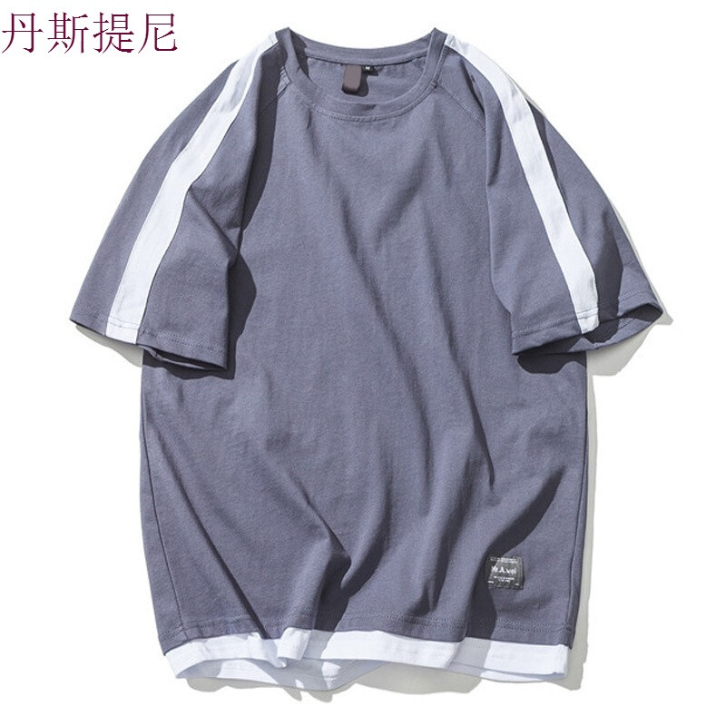 短袖男潮夏季条纹撞色插肩袖T恤日系复古修身假两件衣服男士体恤 L 蓝色