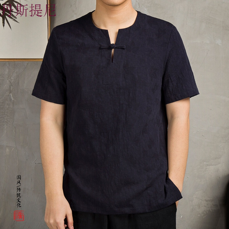 中国风男装棉麻男士T恤 XL 藏青色
