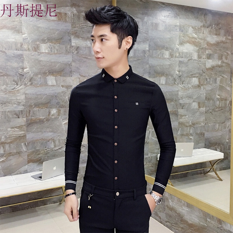 2018新款春季韩版男士紧身长袖衬衫衣服型师服装帅气修身衬衣土_7 L 黑色H161