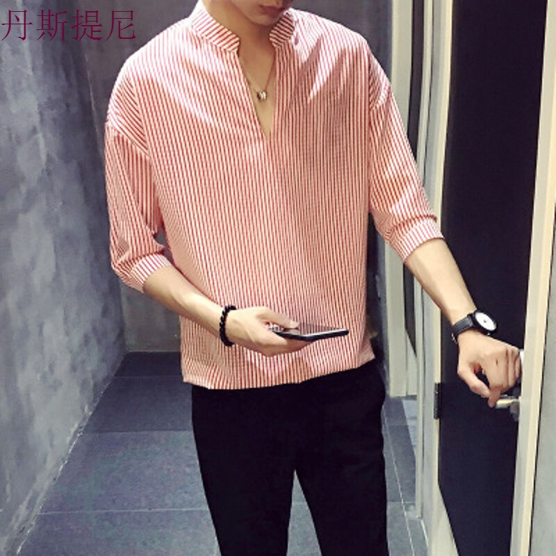 夏季男士型师社会小伙夜场个性ⅴ领五分袖T恤潮流短袖上衣服装_3 L 1253红色