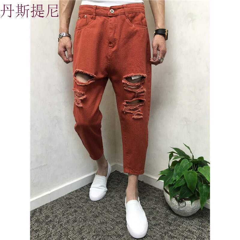 夏潮男薄款破洞小脚七分牛仔裤休闲裤精神社会小伙束脚哈伦大裆裤_7 4XL 焦糖色