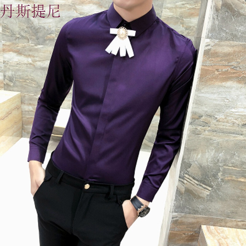 2018新款春季韩版男士紧身长袖衬衫衣服型师服装帅气修身衬衣土_0 M 紫色