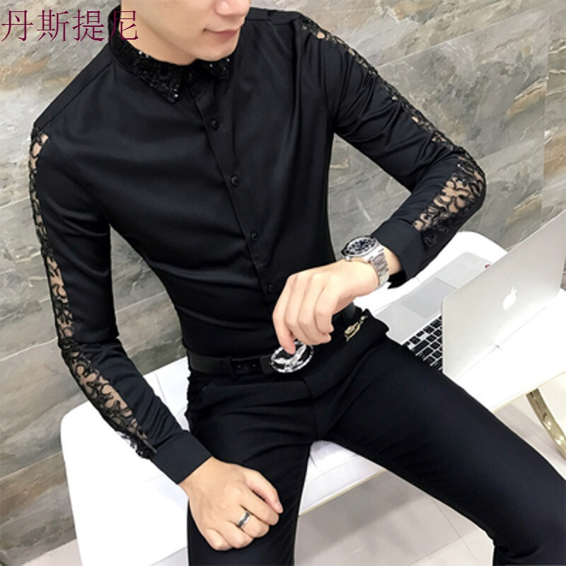 秋季韩版男士修身型长袖理师衬衫衣服男模夜店潮流帅气型师_5_2 XL H204黑色