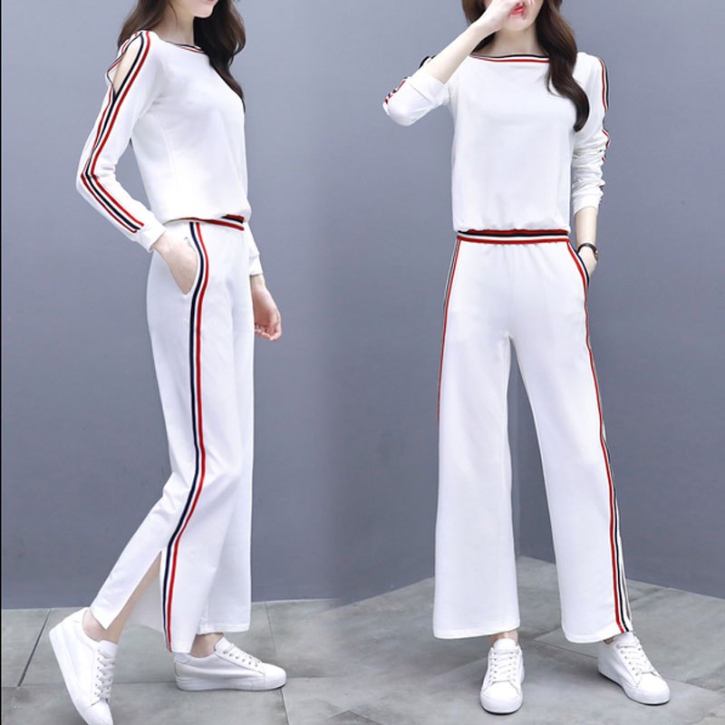 简妮薇(JIANNIWEI)运动服套装女士2018秋季新款韩版时尚显瘦长袖卫衣休闲阔腿裤两件套 2XL 白色