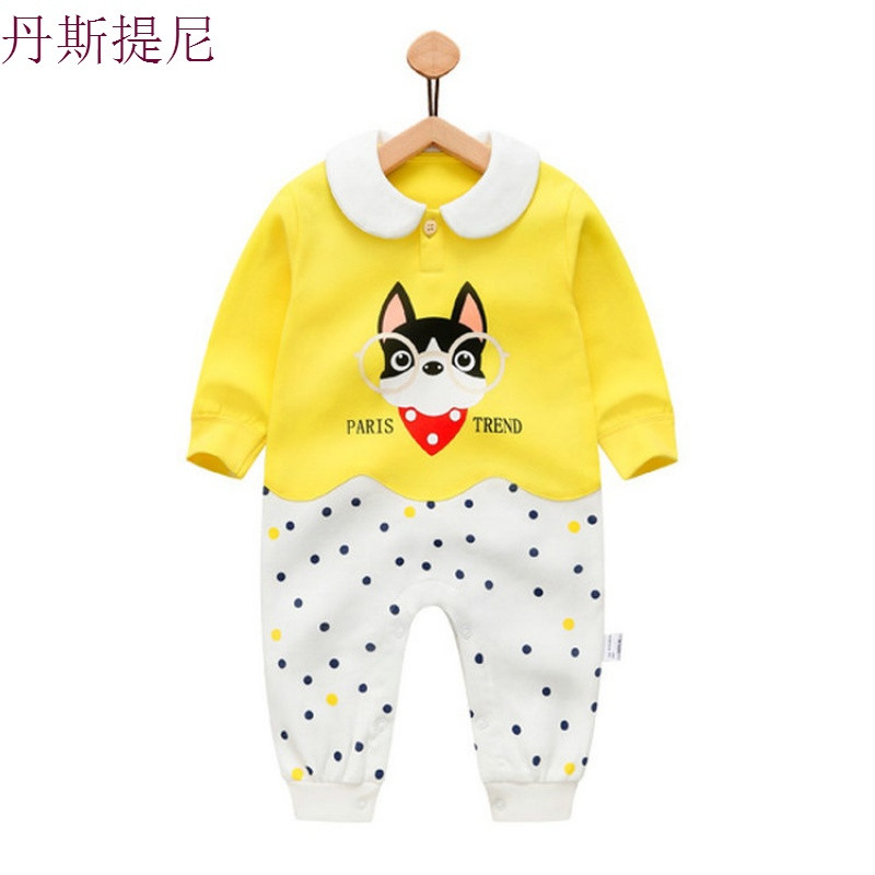 婴儿连体衣秋季衣服新生儿纯棉爬服3-4月男女宝宝纯棉衣服可开裆 73码建议6个月-9个月 狐狸狗连体-黄色