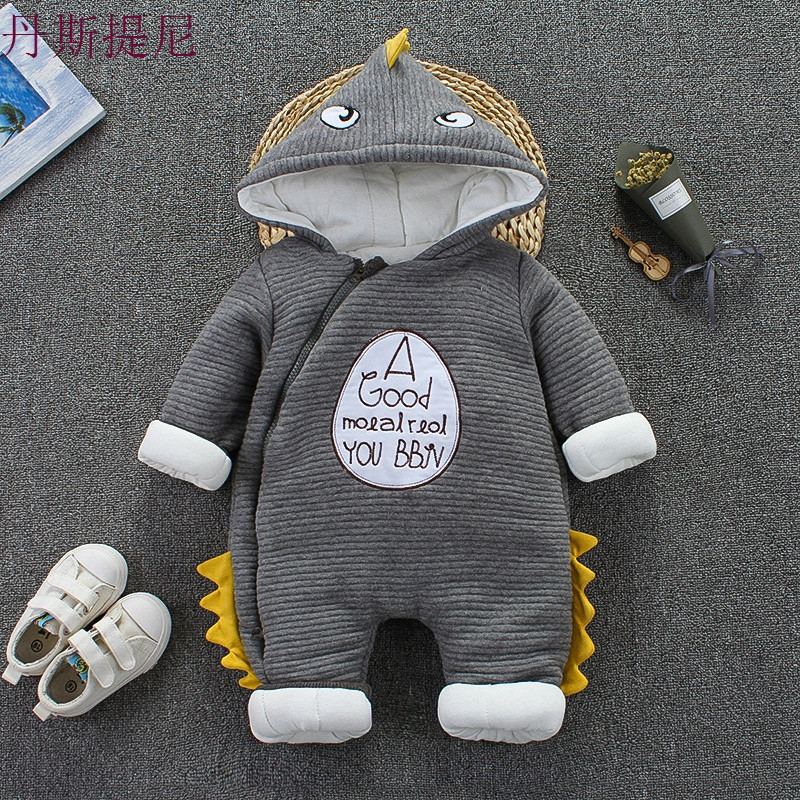 婴儿连体衣秋冬款男女宝宝夹棉哈衣1岁爬服冬季棉衣纯棉加厚保暖 80码建议8-13个月 小恐龙哈衣灰色