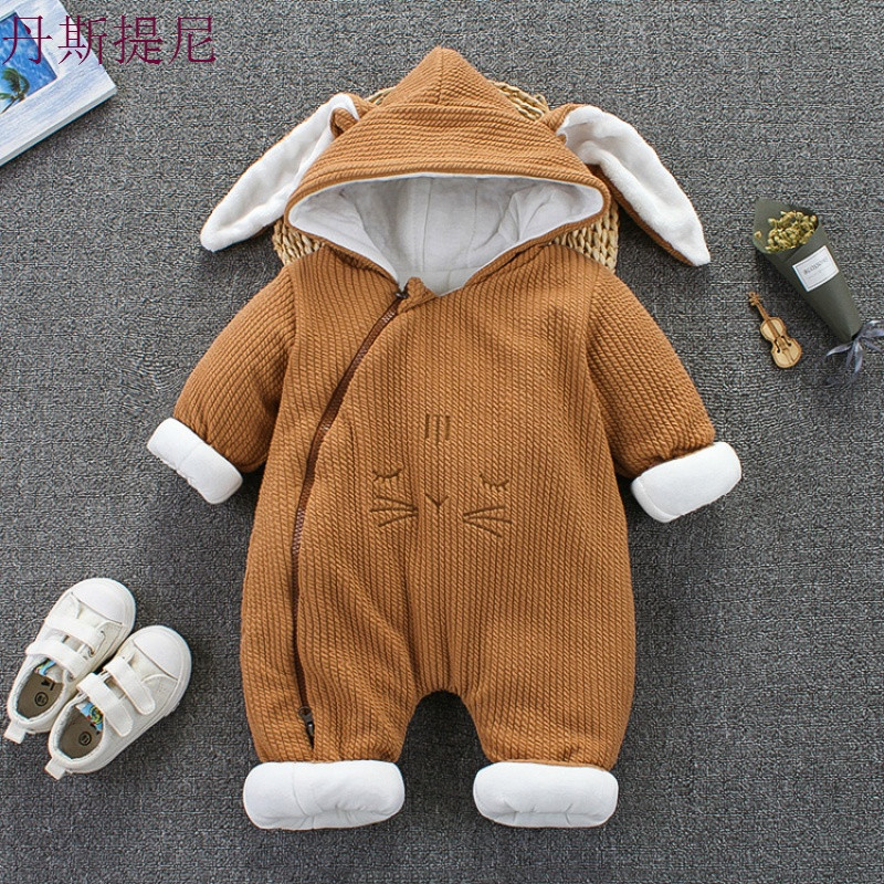 婴儿连体衣秋冬款男女宝宝夹棉哈衣1岁爬服冬季棉衣纯棉加厚保暖 90码建议12-18个月 咪咪兔哈衣-咖色