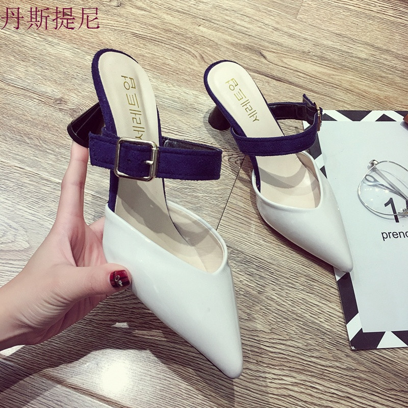 时尚半拖鞋女2018夏新款韩版高跟包头外穿粗跟尖头外出百搭凉拖鞋 白色 39