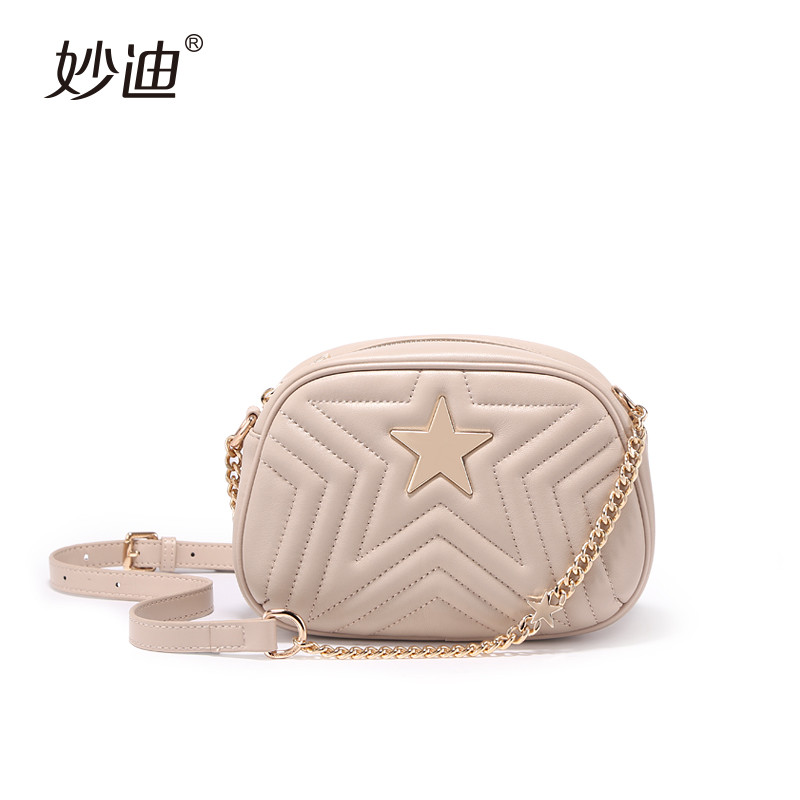 羊皮小圆包2018新款真皮菱格单肩斜挎包少女小挎包韩版星星链条包 燕麦色