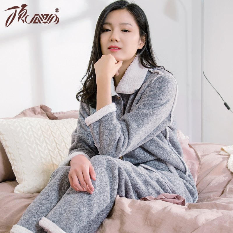 冬季情侣家居服套装柔软双面绒翻领加厚保暖男女长袖睡衣顶瓜瓜 160 灰色-女89036