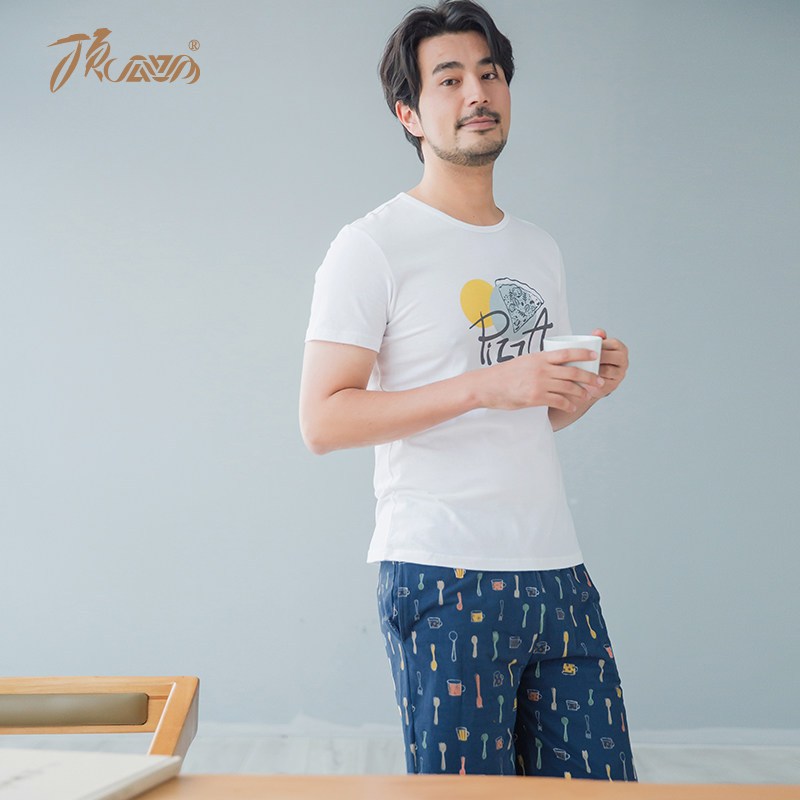 顶瓜瓜夏季睡衣男士短袖短裤圆领纯棉简约家居服套装可外穿顶呱呱 175 藏蓝色