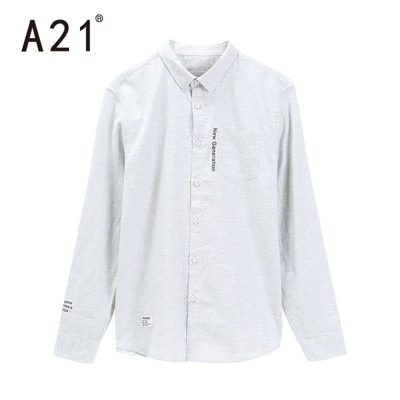 A21秋季新款2018男装纯棉舒适男衬衫纯色百搭长袖上衣潮字母印花 170/84A/M 灰色