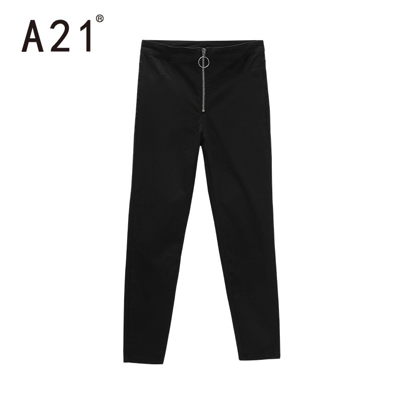 A21秋季女装2018新款弹力修身高腰小脚时尚九分裤百搭休闲女裤子4832041001 黑色 29