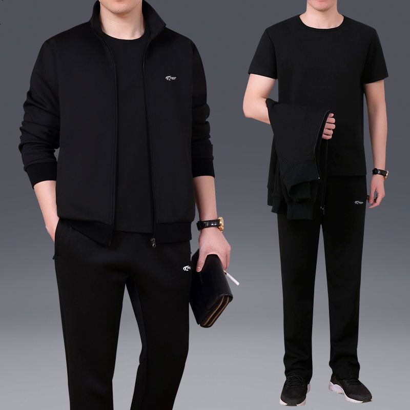 锋非凡 品牌2018春秋新款南韩丝男士中老年运动服套装三件套户外大码运动套装爸爸两件套 L_建议身高165-170体重100-120斤 黑色【三件套】