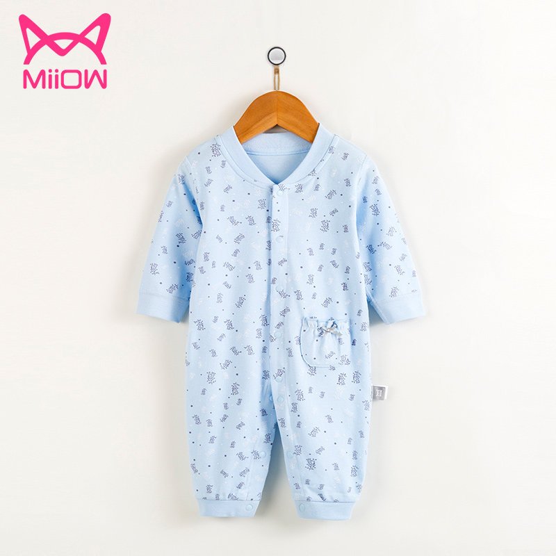 猫人婴儿连体衣0-9个月新生儿纯棉衣服保暖哈衣男女宝宝爬服 黑白小树叶-浅兰 59cm