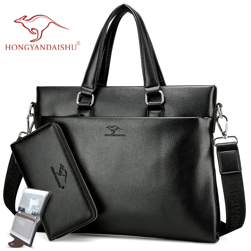 鸿岩袋鼠(hongyandaishu)横款手提包男单肩包斜挎包休闲商务潮男士软