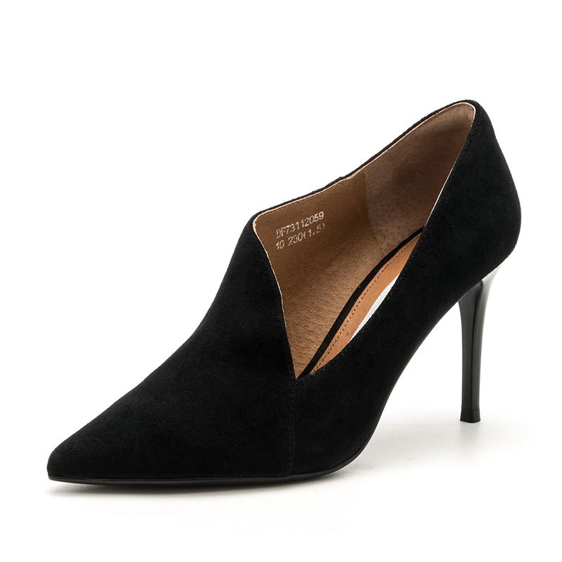 迪芙斯(D:fuse)冬季羊反绒尖头中跟细跟时尚踝靴短靴女DF73112059 黑色 37码
