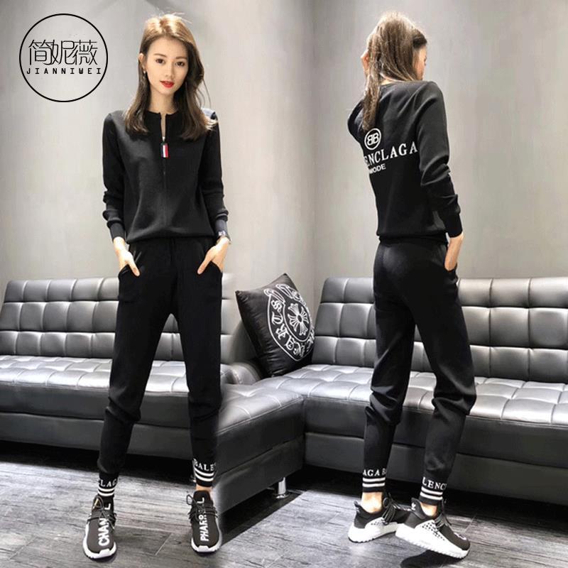 简妮薇(JIANNIWEI)休闲运动服套装女士2018秋季新款韩版修身显瘦长袖长裤两件套 747黑色 XL