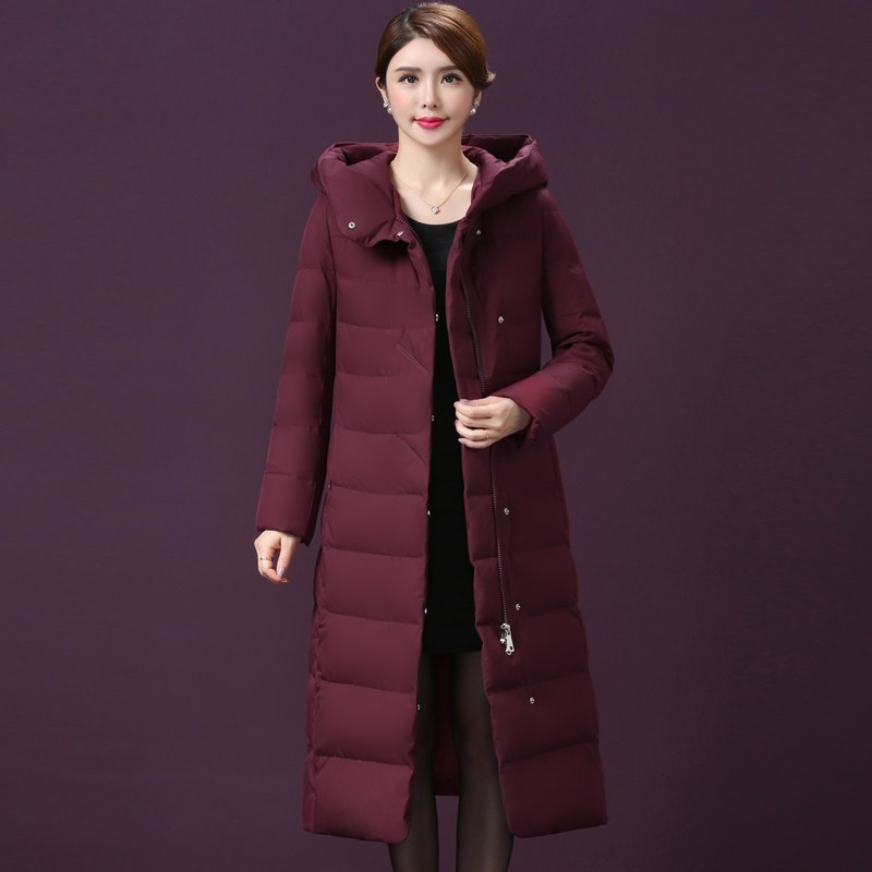 恒源祥羽绒服女长款过膝加厚修身2018冬装新款连帽中长款保暖外套 160/84A 酒红