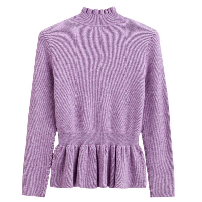 茵曼2018冬装新款木耳边高领修身收腰优雅套头毛衣女1884132580 XL 粉紫色