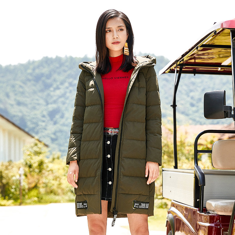 千仞岗2018新款中长款羽绒服女纯色连帽休闲时尚羽绒服229132 155/XS 88503海藻绿