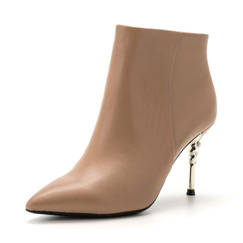 星期六(ST&SAT)冬季牛皮革尖头高跟细跟时尚短靴女SS74116663 卡其色 38码