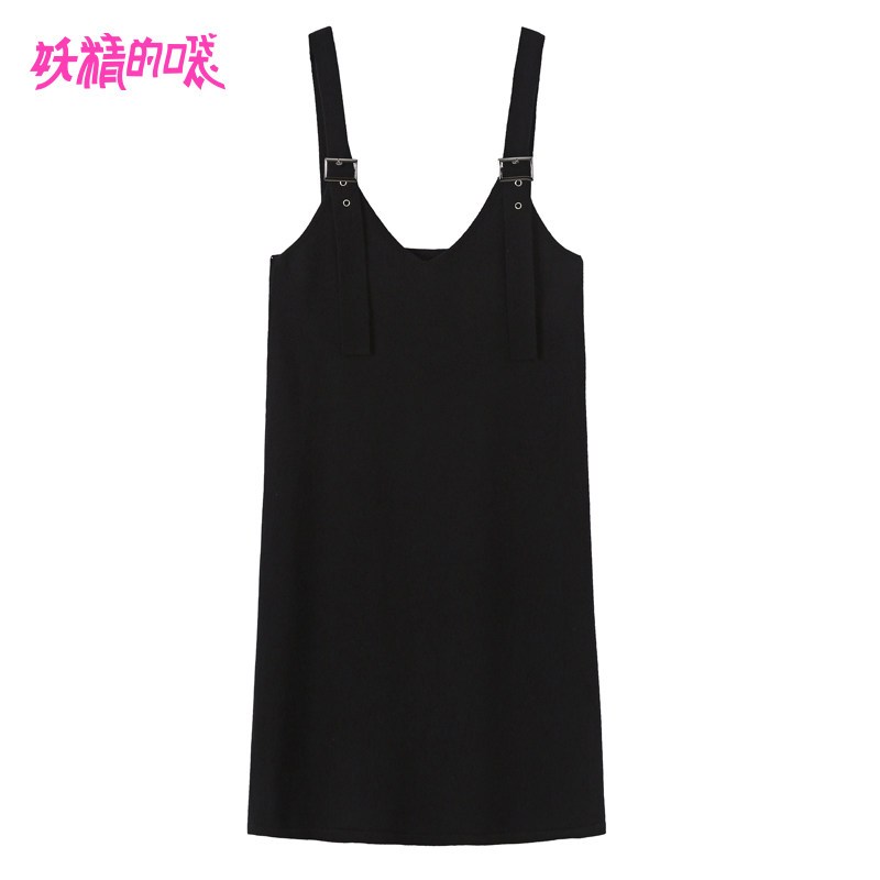 妖精的口袋Y早秋针织连衣裙女韩版秋装2018新款无袖中长款背带裙J_1 L 经典黑色