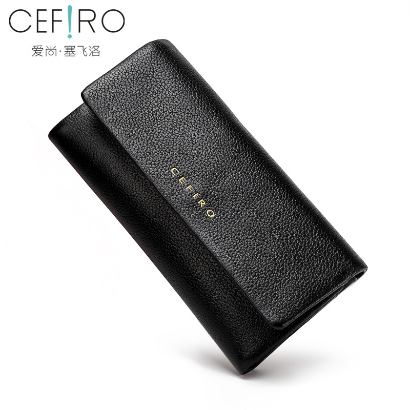 CEFIRO/塞飞洛钱包女士2018新款韩版长款时尚纯色零钱包手包头层牛皮真皮软皮百搭休闲薄款多功能多隔层三折钱夹潮学生 黑色