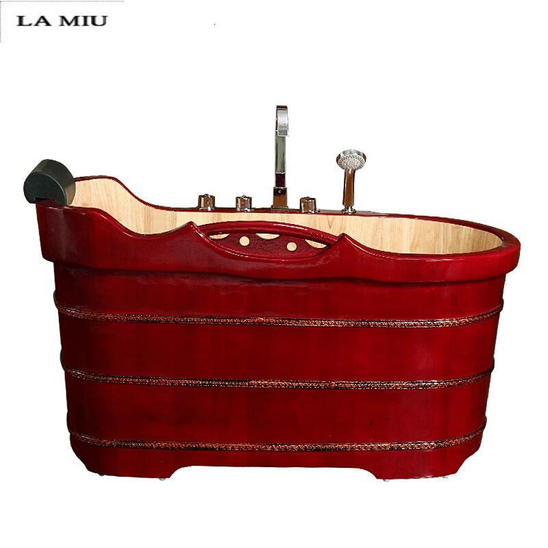 新款红色橡木桶沐浴桶浴缸泡澡木桶洗澡木桶木浴缸带五金件_4 1.55米标配