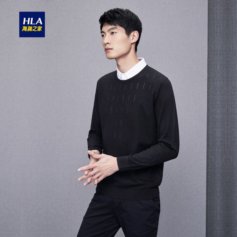 HLA/海澜之家时尚简约双领针织衫2018秋季新品柔软长袖针织衫男 185/100A/XXL 黑色21