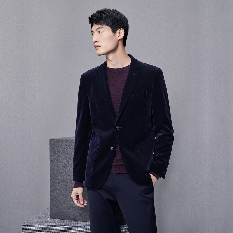 HLA/海澜之家平驳领丝绒休闲西服2018秋季新品修身单西外套男 170/92B 藏青C1