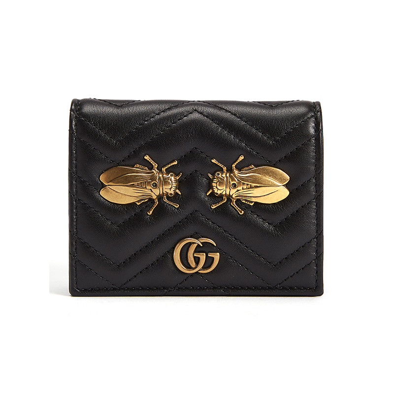 Gucci/古驰 饰蝉衍缝GG牛皮革女士卡片夹466492 黑色