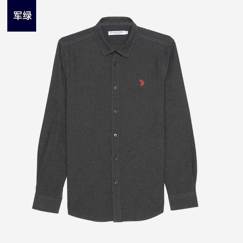 U.S.POLOASSN.衬衫男衬衣纯色纯棉长袖修身休闲潮流帅气青少年 L/175 军绿